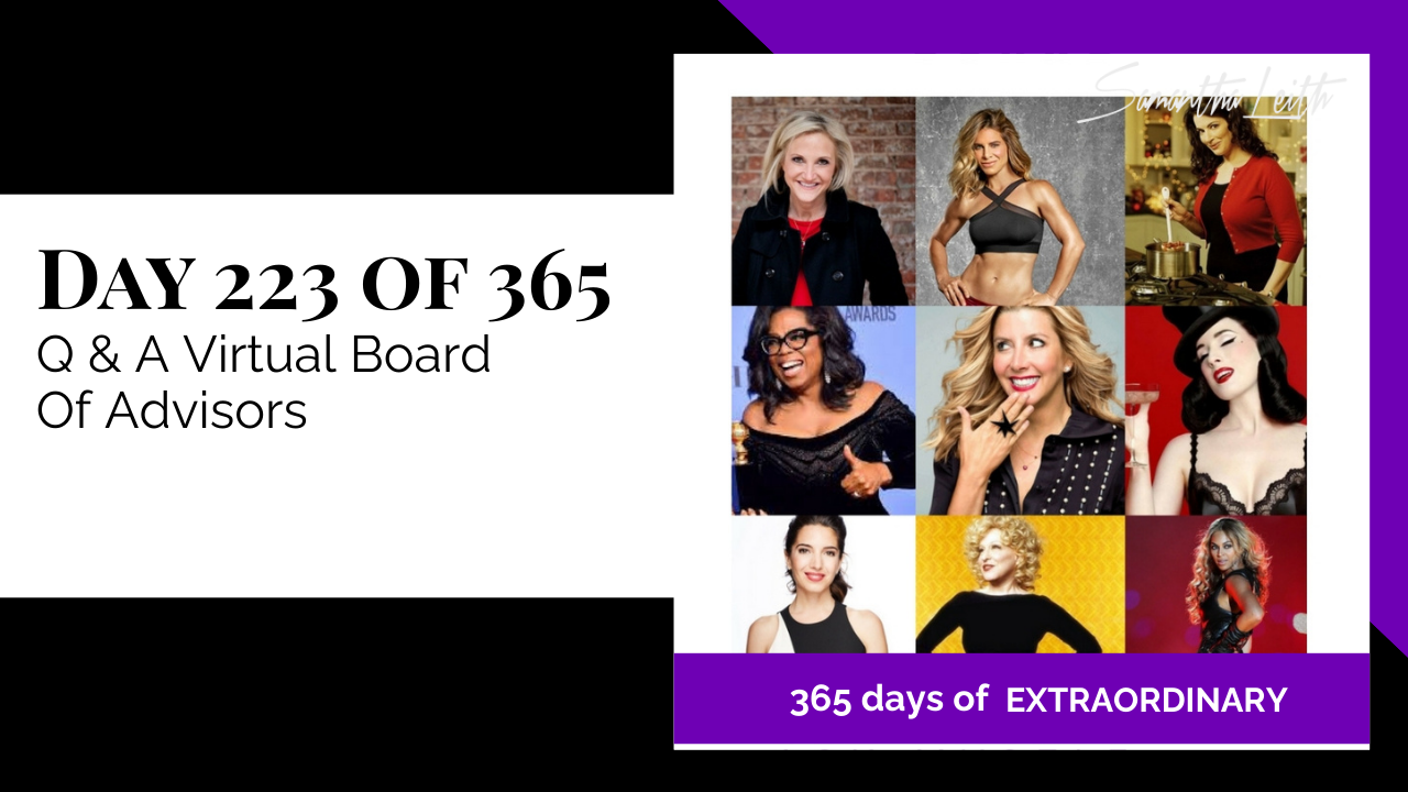 A photographic post featuring a collage of nine photographs of famous, successful women arranged in a 3x3 grid, set against a black background with a stylized white border. The women shown include (clockwise from top left): an unidentifiable blonde woman in a black jacket and red top; an unidentifiable blonde woman in a black sports bra; an unidentifiable brunette woman cooking; an unidentifiable woman in a black hat and red lipstick; an unidentifiable brunette woman in a black top, possibly a singer; an unidentifiable blonde woman in a yellow dress; an unidentifiable brunette woman in a black and white top; an unidentifiable blonde woman in a black top; and Oprah Winfrey in a black off-the-shoulder top. The image is split with a title card on the left side that reads: "DAY 223 OF 365 Q & A Virtual Board Of Advisors". Below the photo, a purple banner reads: "365 DAYS OF EXTRAORDINARY". A stylized signature in the top right corner says "Samantha Leith."