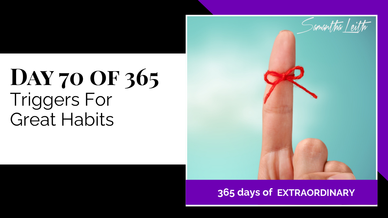 Thumbnail graphic for the topic, 'Triggers For Great Habits.' The image shows an index finger with a bright red string tied around it, symbolizing a reminder, a cue, or a trigger used to initiate or remember a positive habit or goal.