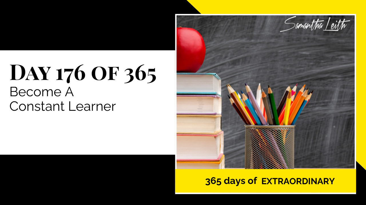 Classic school supplies on a desk with a chalkboard background, featuring a stack of textbooks, a red apple, and a metal holder of colored pencils, used to illustrate a blog post about lifelong learning, skill development, and professional education.