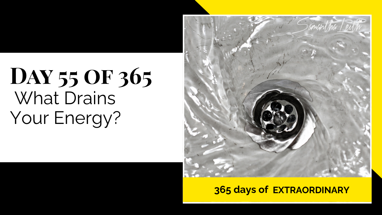 Thumbnail graphic for the question, 'What Drains Your Energy?' The image is a metaphor showing a close-up of water swirling down a silver drain, visually representing energy being wasted or drained away.