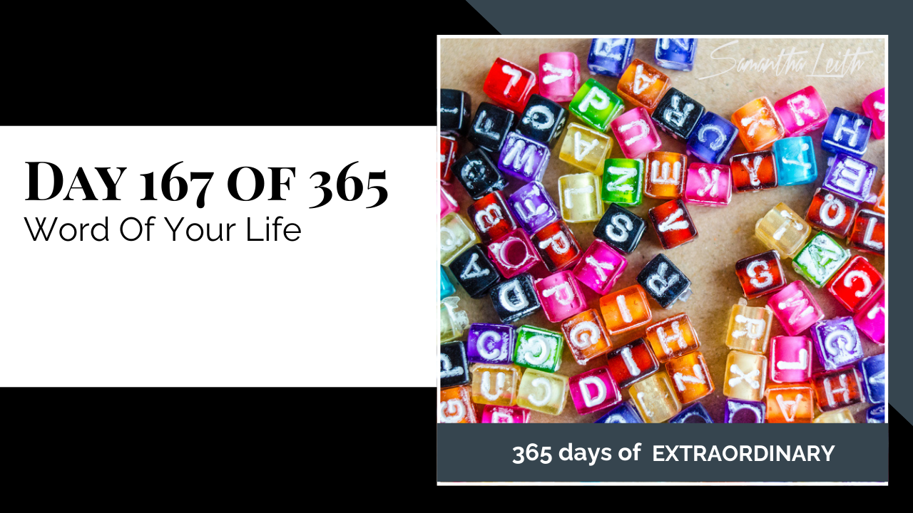 Overhead photo of a chaotic mix of colorful, translucent alphabet beads used to represent the process of selecting a personal focus or theme word, goal setting, and defining one's intention for personal development.