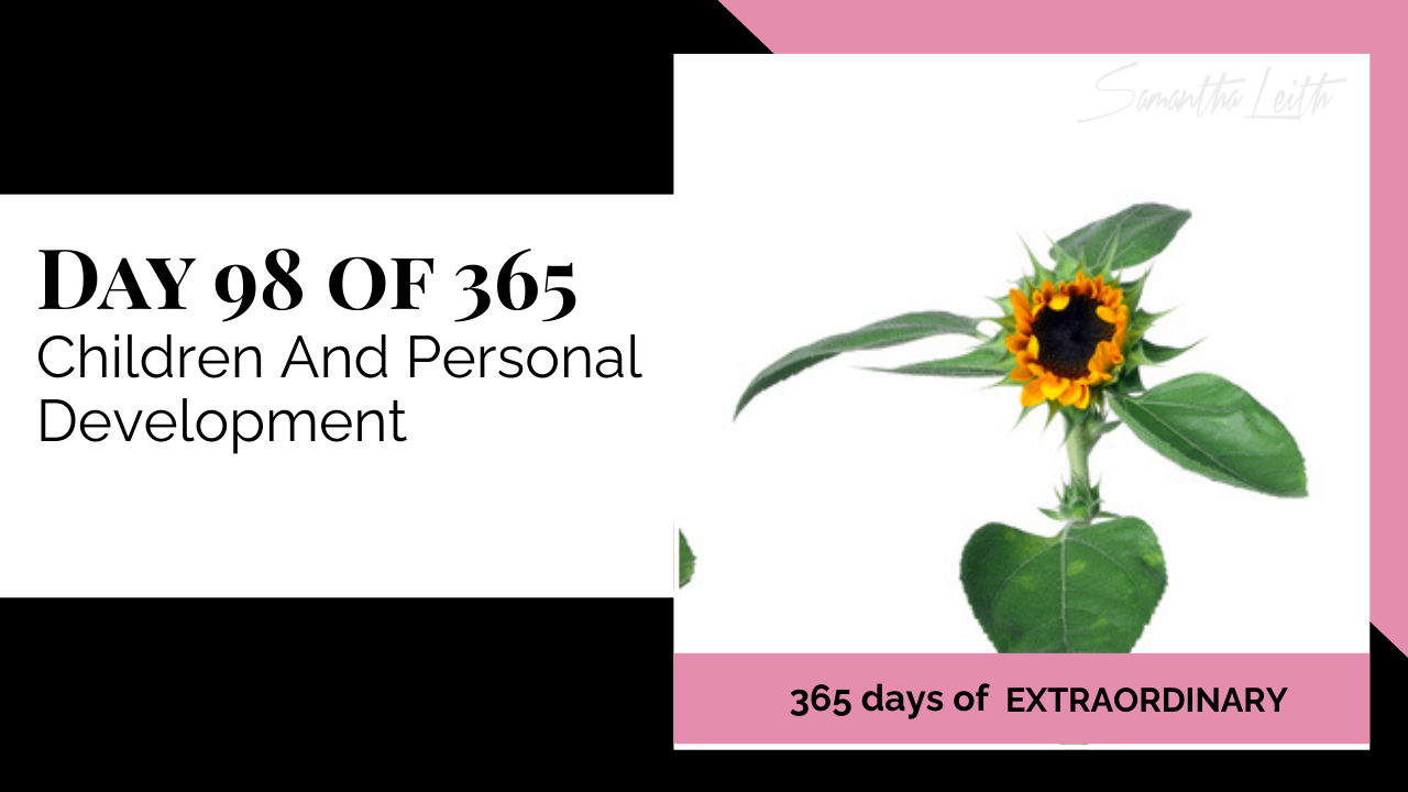 Blog image for Day 98 of Sam Leith's '365 Days of Extraordinary' series, showing a small, young sunflower plant with large green leaves on a white and pink background, symbolizing growth and personal development.