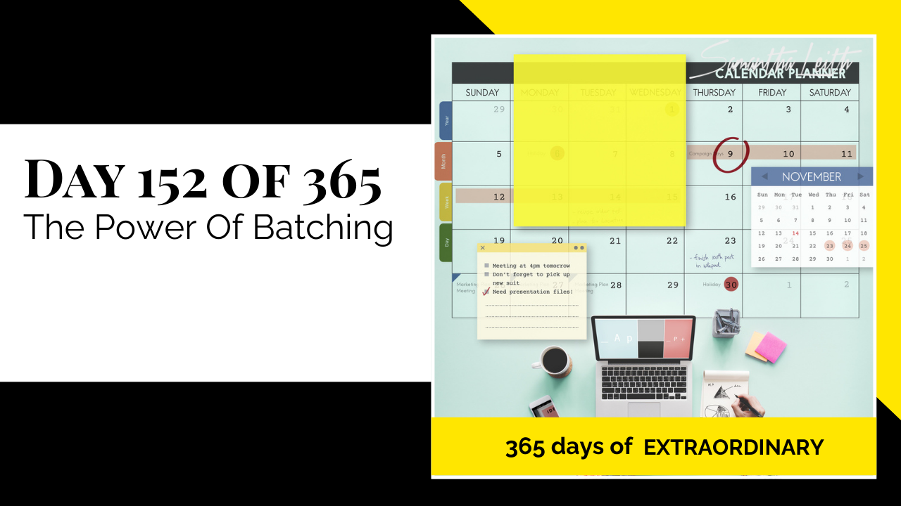 Digital calendar planner and analog planning tools on a yellow and teal background, illustrating time management and task organization, highly relevant to the concept of batching work for productivity.