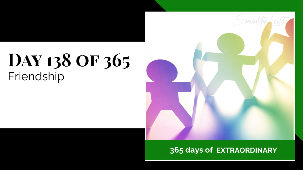 Blog image for Day 138 of Sam Leith's '365 Days of Extraordinary' series, showing a close-up of a paper chain of human figures, with the figure in the foreground shaded in rainbow gradients from purple to green, symbolizing friendship, connection, and community.