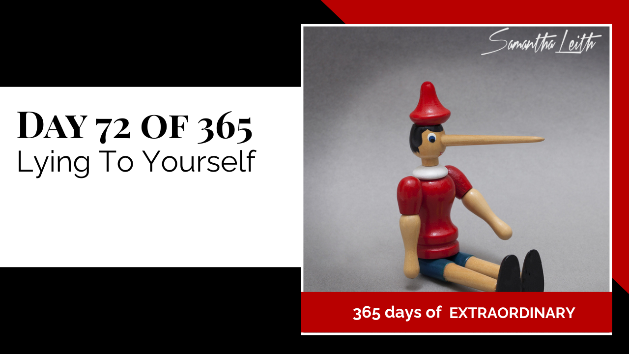 Thumbnail graphic for the topic, 'Lying To Yourself.' The image features a wooden Pinocchio doll sitting down, clearly showing his elongated nose, symbolizing self-deception, dishonesty, and denying the truth.