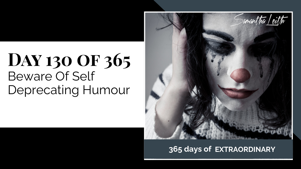 Blog image for Day 130 of Sam Leith's '365 Days of Extraordinary' series, showing a person wearing full clown makeup with a bright red nose and black stripes of makeup running down their face like tears, conveying sadness or the hidden pain behind humor, related to self-deprecating humour.