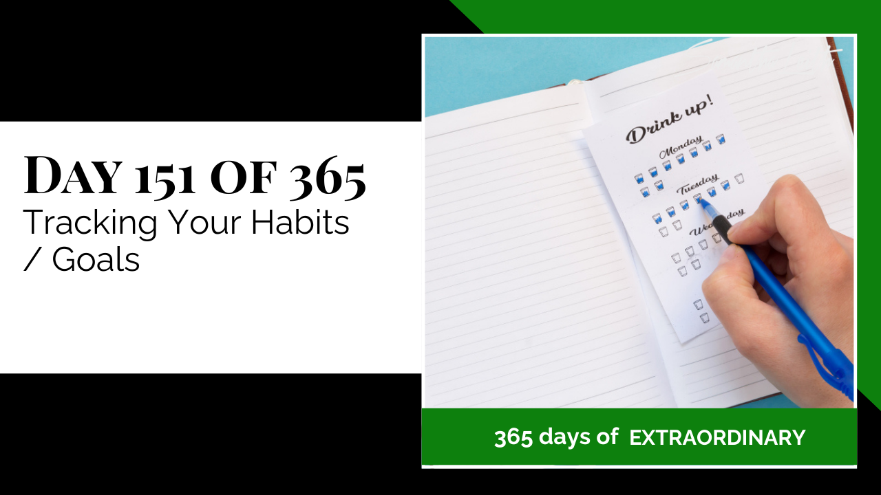 Close-up of a personal planner illustrating habit tracking and goal setting, specifically logging water intake with blue cup icons, relevant to a post titled 'DAY 151 OF 365 Tracking Your Habits / Goals'.