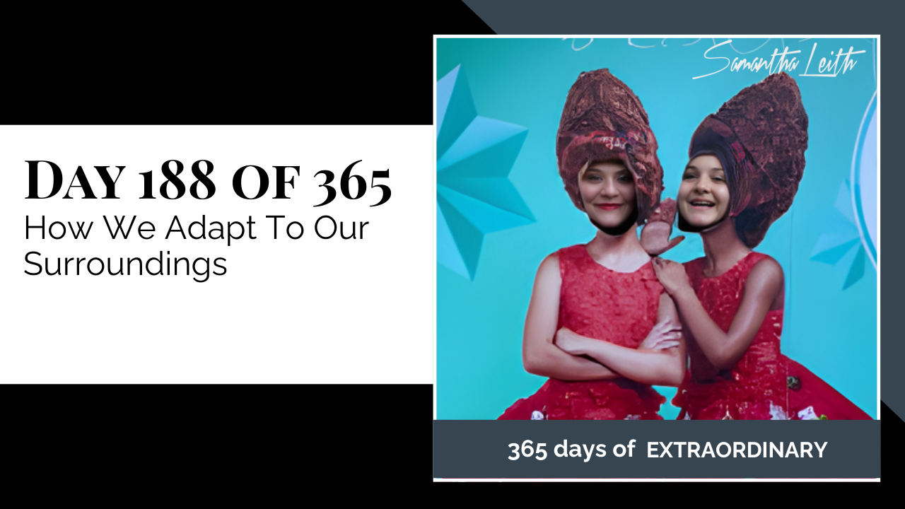 A surreal and humorous digitally altered photo of two girls in vibrant red dresses, with their hairpieces blending into the background, used as an artistic metaphor to discuss the psychological process of adapting behavior and appearance to new social or environmental surroundings.