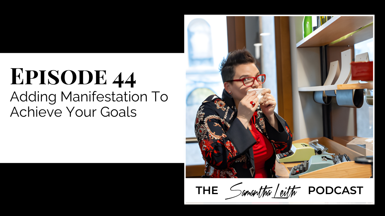 A podcast graphic showing Samantha Leith, wearing red glasses and a black and red patterned jacket, taking a sip from a white mug near a vintage typewriter.