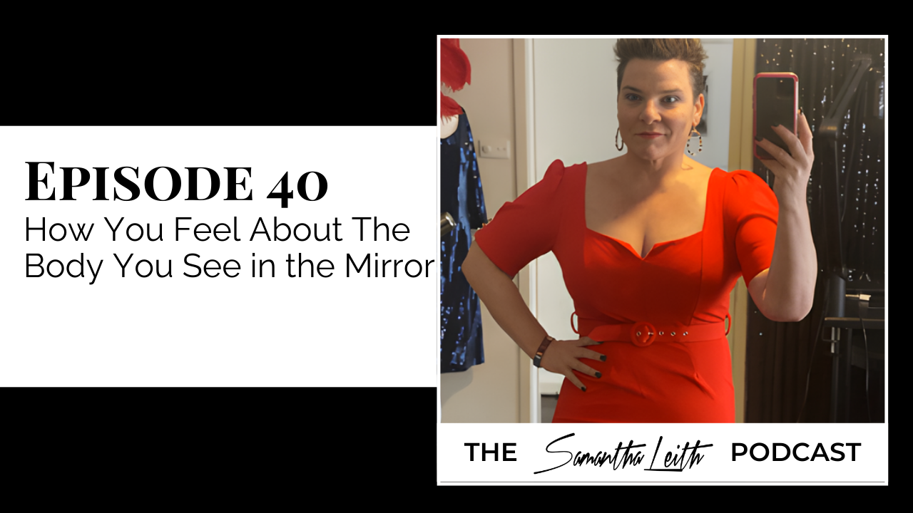 A podcast graphic showing Samantha Leith taking a mirror selfie in a red belted dress with puff sleeves, holding a phone in her right hand.