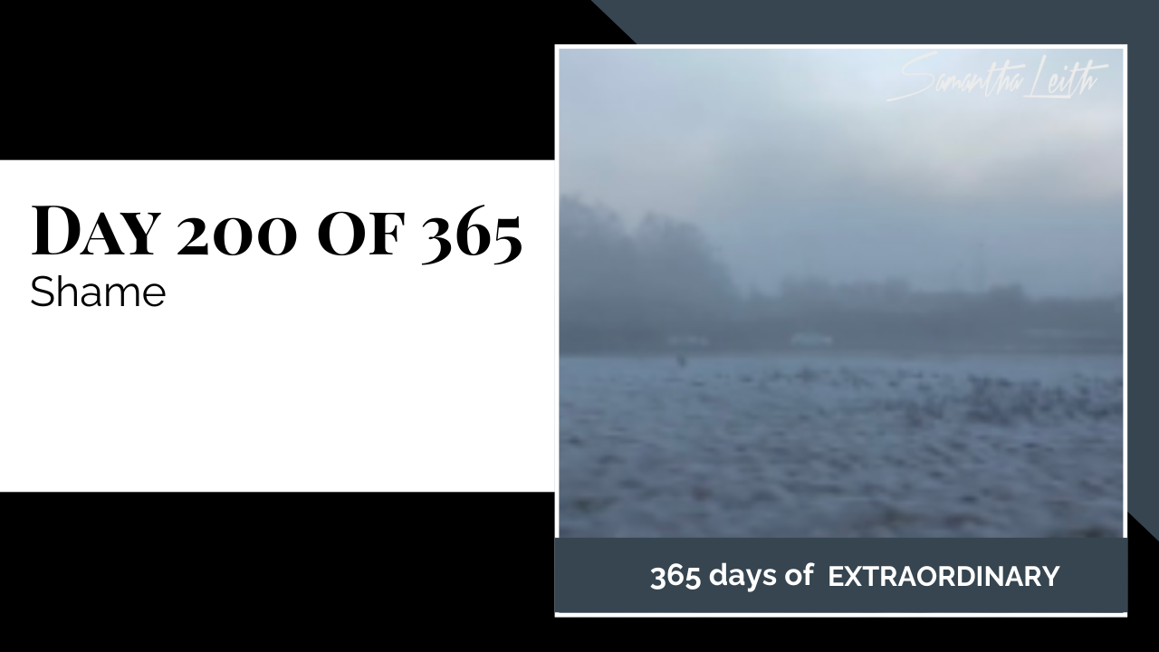 A somber, low-visibility photograph of a desolate, snow-covered or frosted field obscured by thick fog, used as a visual metaphor to explore the challenging emotion of shame, self-blame, and feelings of inadequacy in personal development.