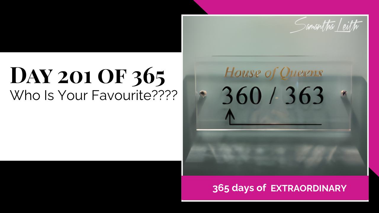 A detailed photograph of an elegant acrylic business sign or display plaque engraved with "House of Queens" and the numbers 360/363, used to illustrate a blog post about ranking or comparing favorite individuals, experiences, or personal influences.