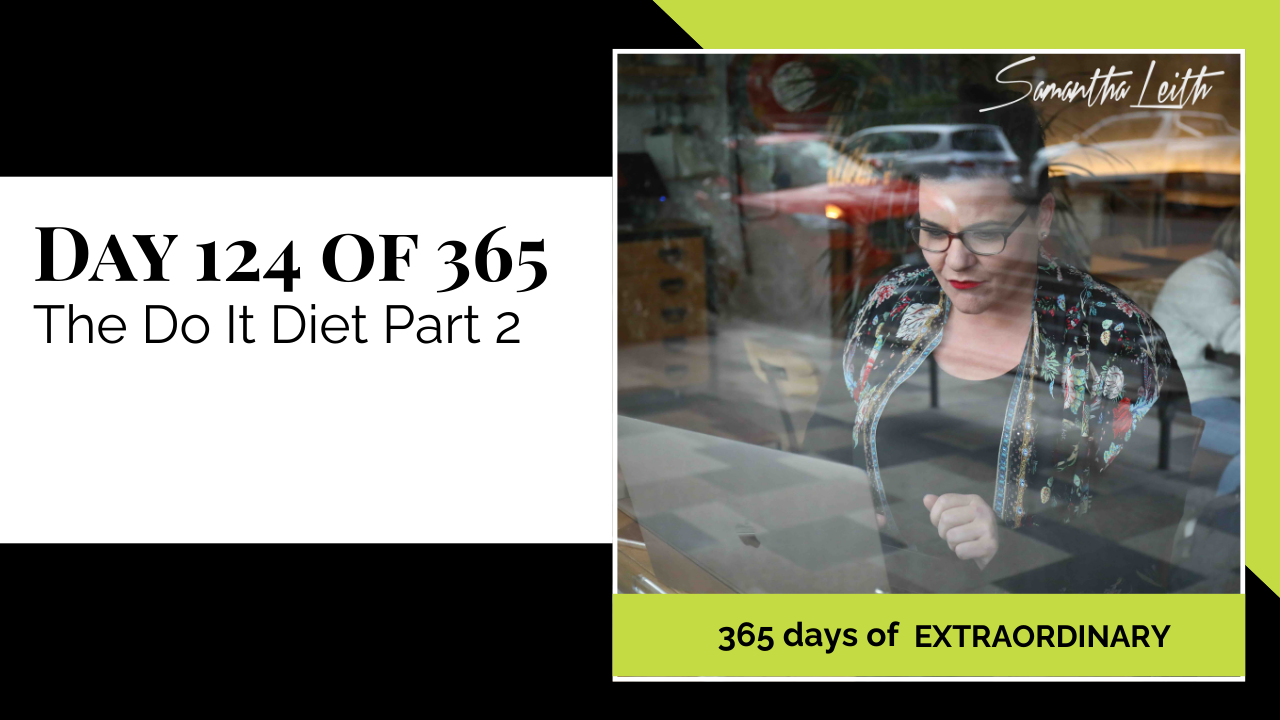 Blog image for Day 124 of Sam Leith's '365 Days of Extraordinary' series, featuring the author, Samantha Leith, looking reflectively or intently downward while seen through a glass window with a subtle reflection of the street outside, related to 'The Do It Diet Part 2' and self-reflection.
