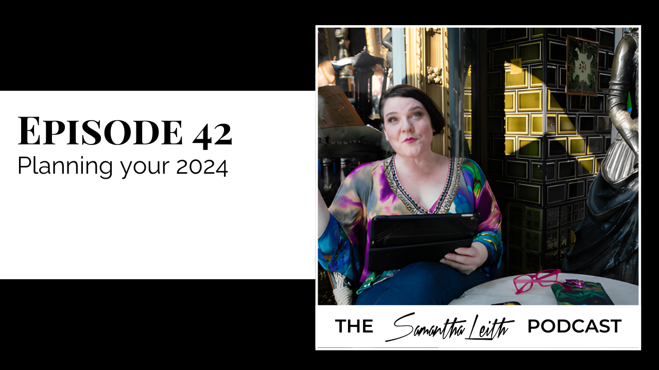 A podcast graphic showing Samantha Leith in a brightly colored top, smiling and holding a black tablet while sitting at a table in a dimly lit, ornately tiled interior.