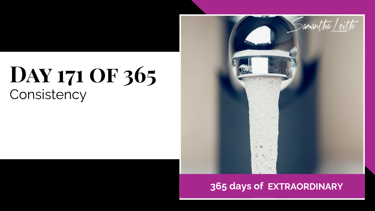 A detailed, high-magnification photograph of water flowing continuously and smoothly from a metal sink faucet, used as a visual metaphor to represent the importance of consistent habits, reliable performance, and sustained effort in personal and professional life.