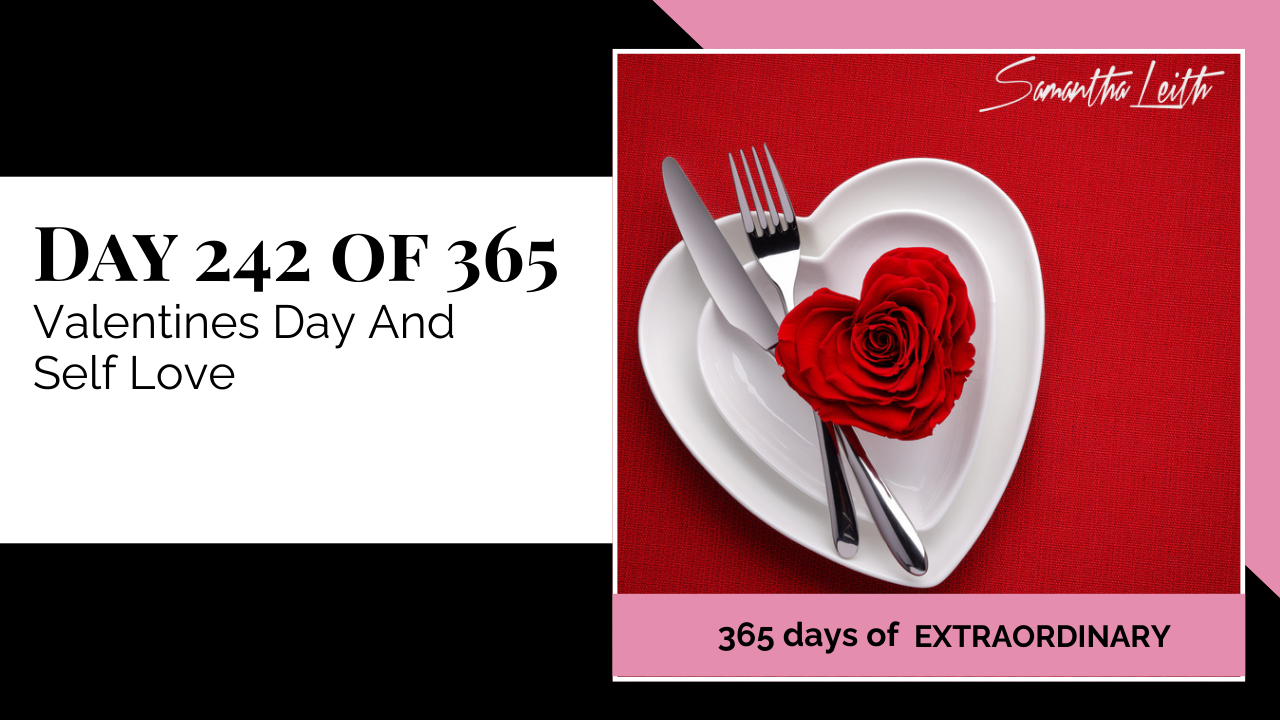 A graphic showing a place setting with white heart-shaped plates stacked on a red background, topped with a fork, knife, and a single red rose shaped like a heart.