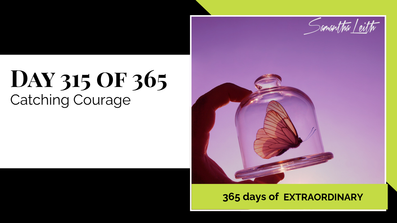 Samantha Leith 365 Days of Extraordinary, Day 315: Catching Courage. Image shows a hand holding a small glass bell jar with a butterfly trapped inside against a purple sky.