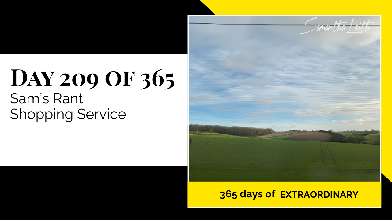 A panoramic landscape photograph of a lush green agricultural field with subtle track lines leading toward a tree-covered horizon, used as an ironic visual backdrop for a blog post discussing frustration, consumer rants, poor customer service, and online shopping issues.