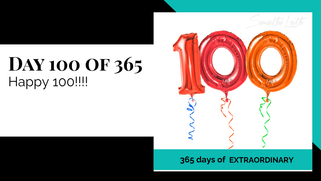 Blog image for the milestone Day 100 of Sam Leith's '365 Days of Extraordinary' series, showing three large, shiny red and orange metallic balloons forming the number 100, floating with colorful ribbons.
