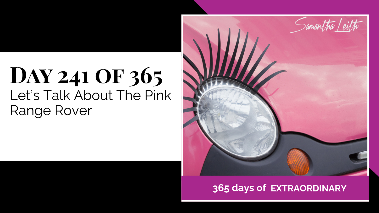 A graphic featuring a close-up of the headlight and hood of a pink car with exaggerated black eyelashes attached above the light.