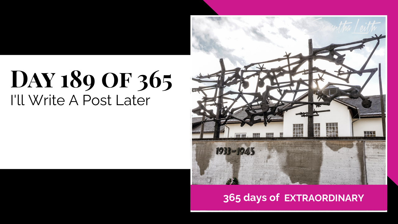 A wide shot of the dark metal International Monument sculpture at the Dachau Concentration Camp Memorial Site (1933-1945), representing remembrance, historical reflection, and the profound nature of a topic requiring a postponed, deeply considered blog post.
