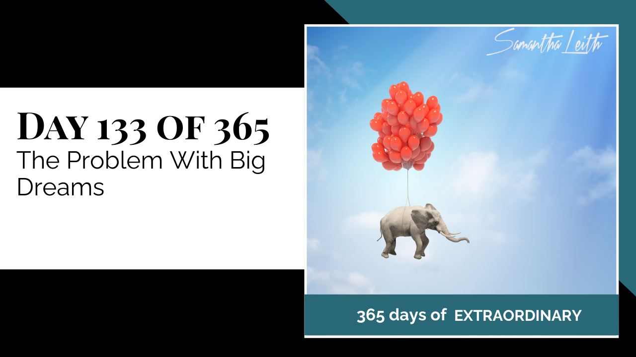 Blog image for Day 133 of Sam Leith's '365 Days of Extraordinary' series, showing a large grey elephant being lifted into a bright blue, cloudy sky by a tight cluster of shiny red balloons, illustrating the concept of big dreams or aspirations pulling something massive or difficult.
