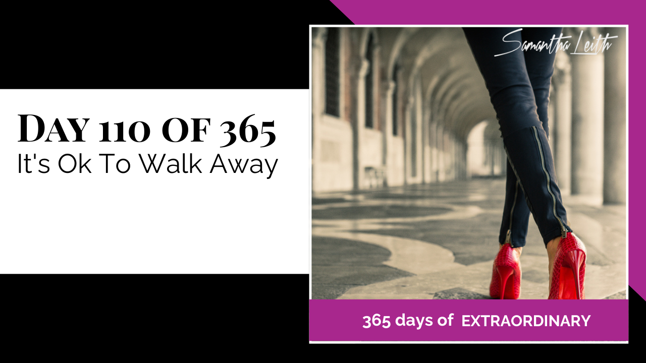 Blog image for Day 110 of Sam Leith's '365 Days of Extraordinary' series, showing a person's legs and feet walking away in bright red high heels down a long, classic stone archway or corridor.