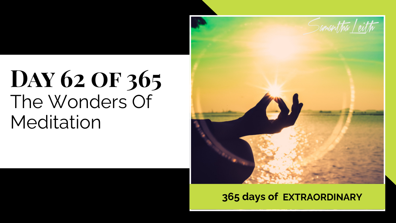 Thumbnail graphic for the topic, 'The Wonders Of Meditation.' The image shows a silhouetted hand, likely in a meditation mudra (gesture), pinching the bright sun rising over a calm body of water, symbolizing peace, mindfulness, enlightenment, and focus.