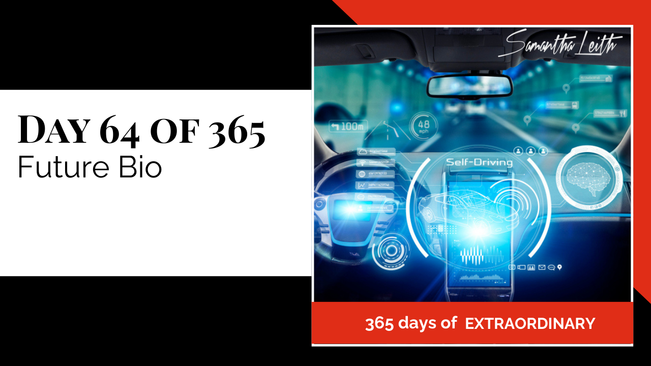 Thumbnail graphic for the topic, 'Future Bio.' The image depicts the interior of a car with a self-driving or augmented reality dashboard overlaid with blue digital graphics, speed indicators, and a brain icon, symbolizing future goals, potential, technology, and career planning.