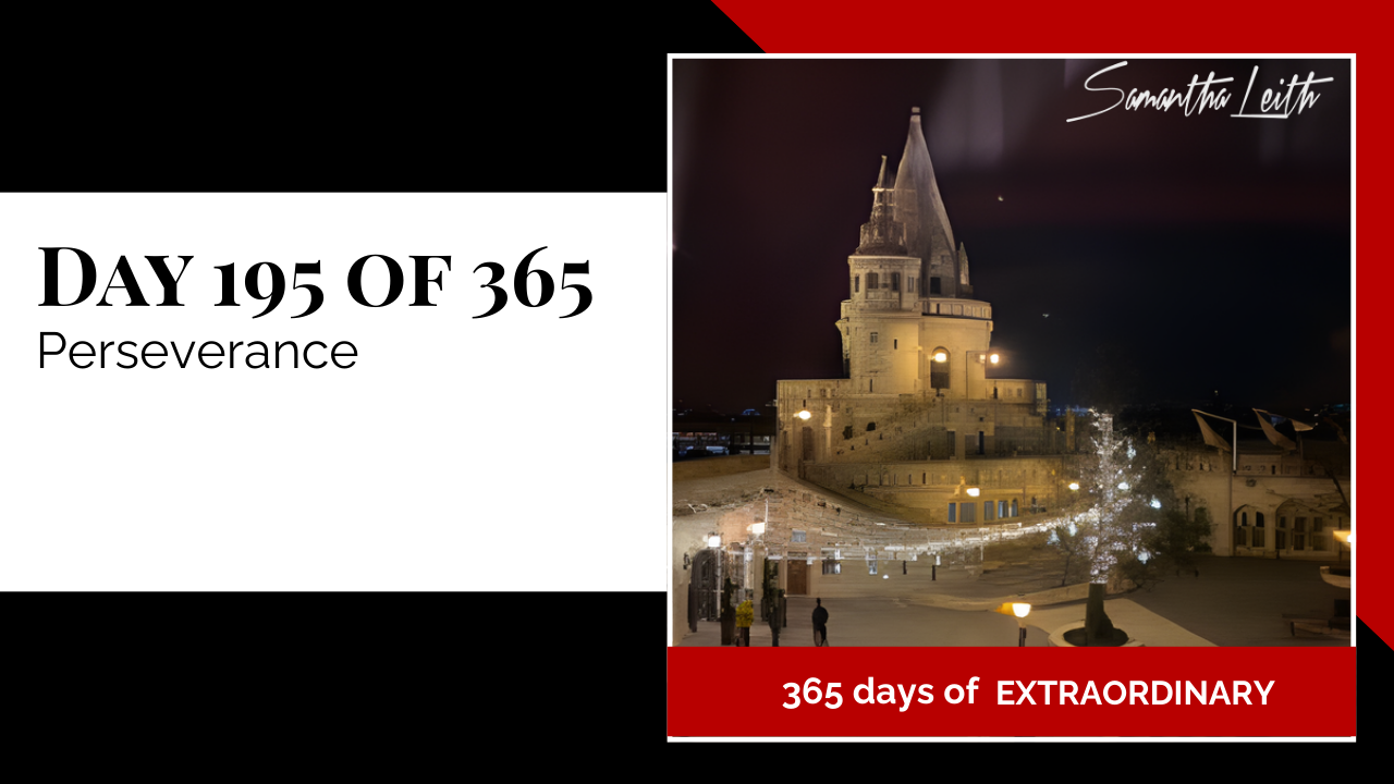A dramatic night photograph of the historic Fisherman's Bastion in Budapest, Hungary, with its intricate stone architecture illuminated, used as a powerful metaphor for resilience, perseverance, sustained effort, and achieving success through endurance.