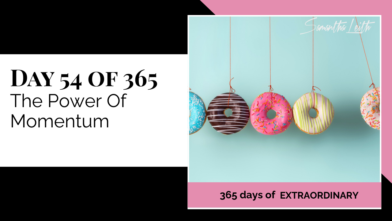 Thumbnail graphic for the topic, 'The Power of Momentum.' The image shows several brightly colored, pendulum-like hanging donuts (chocolate, pink, yellow, and blue) against a teal background, illustrating the concept of continuous motion and momentum.