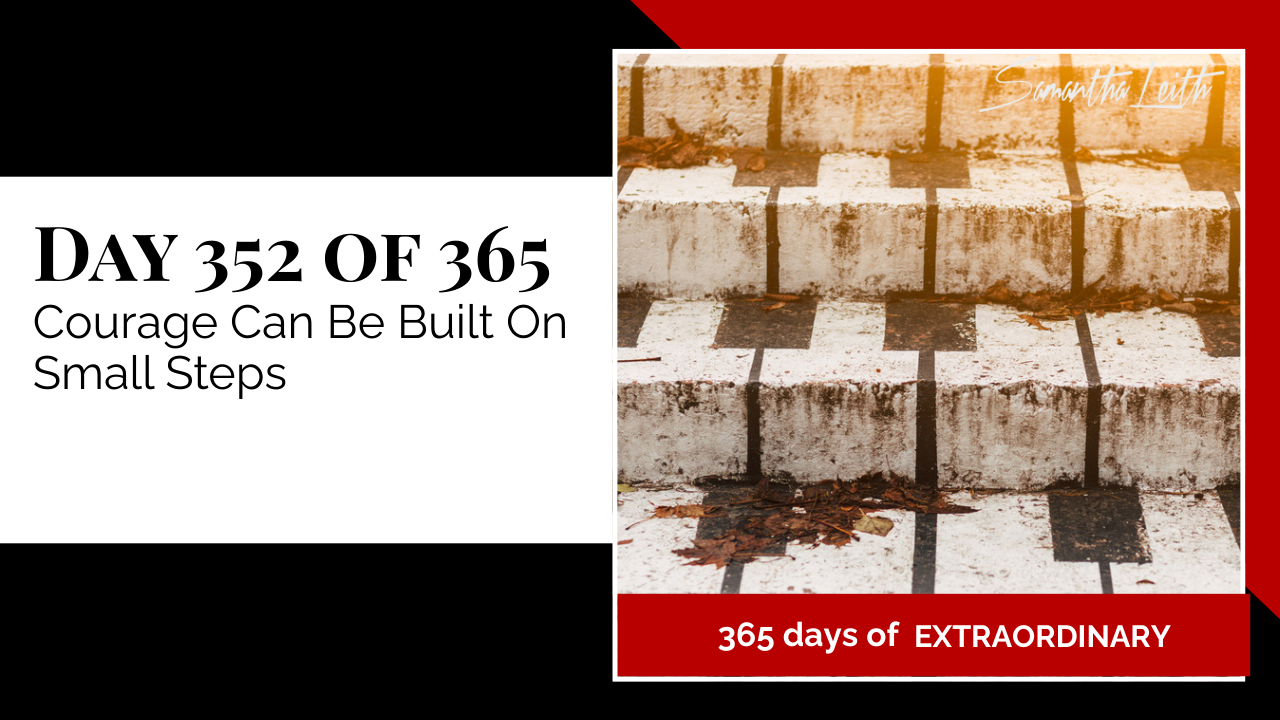 Day 352: Samantha Leith 365 Days of Extraordinary, Day 352: Courage Can Be Built On Small Steps. Close-up image of weathered stone steps with vertical black stripes, scattered with dry brown leaves.