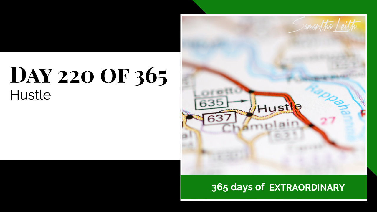 A photographic post featuring a close-up, slightly blurred image of a road map focused on the small town of Hustle. The town name is highlighted on the map with nearby roads $637$, $635$, and $27$ also visible, along with the names Champlain and Loretto. The image is split with a title card on the left side that reads: "DAY 220 OF 365 Hustle". Below the photo, a dark green banner reads: "365 DAYS OF EXTRAORDINARY". A stylized signature in the top right corner says "Samantha Leith."