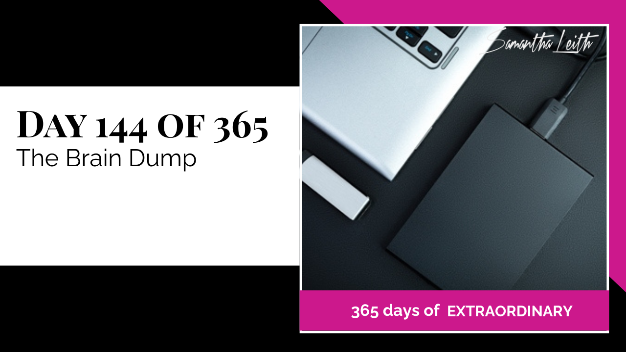 Blog image for Day 144 of Sam Leith's '365 Days of Extraordinary' series, showing a close-up, high-angle view of a silver laptop keyboard edge and a black external hard drive connected via USB, lying on a dark desk, symbolizing the concept of a 'brain dump' or transferring information and organising thoughts digitally.