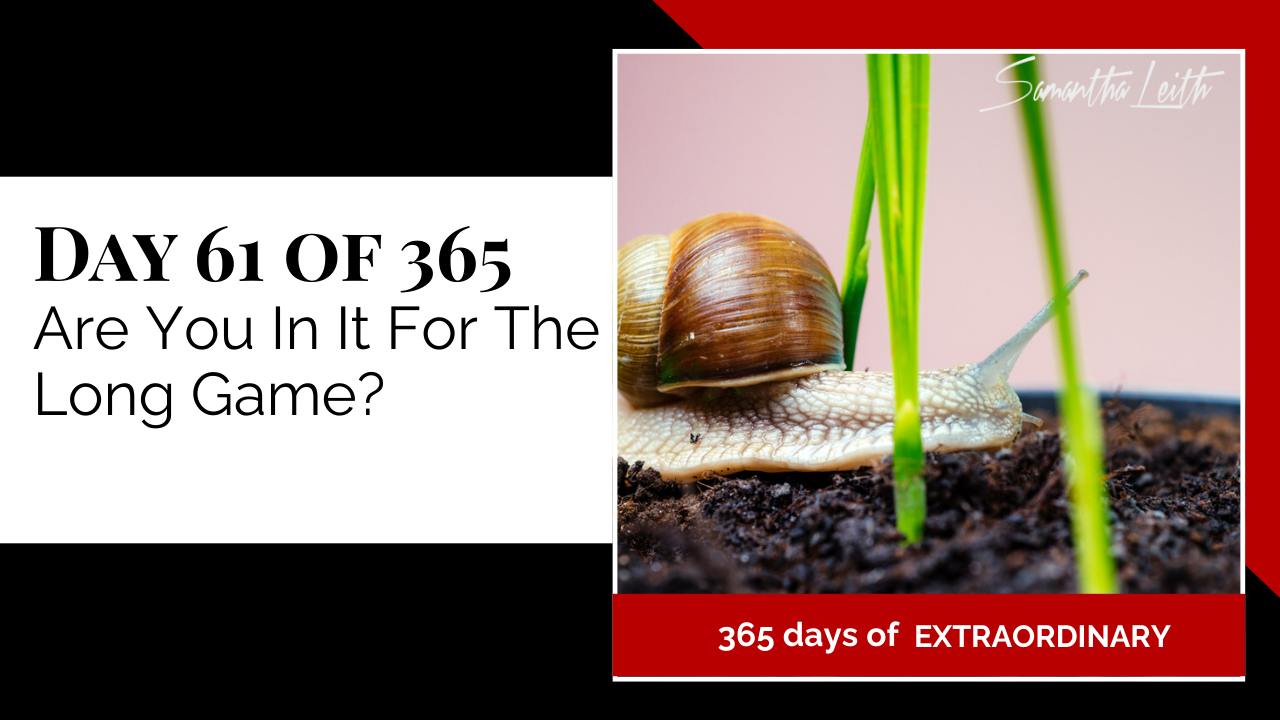 Thumbnail graphic for the topic, 'Are You In It For The Long Game?' The image features a large garden snail slowly moving across dark soil toward blades of bright green grass, symbolizing steady progress, patience, and commitment to long-term goals.
