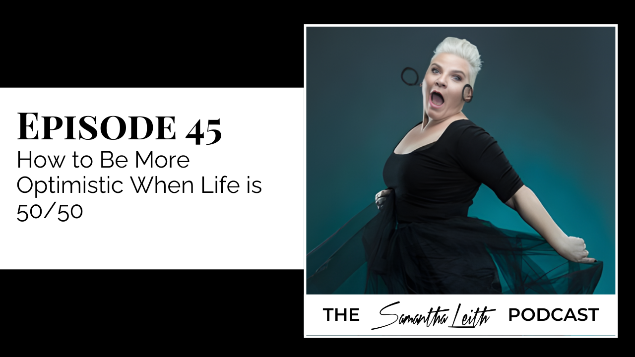 A podcast graphic featuring a woman with short blonde hair and an open mouth, wearing a black top and a swirling black tulle skirt against a dark blue background.