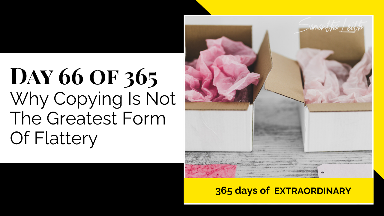 Thumbnail graphic for the topic, 'Why Copying Is Not The Greatest Form Of Flattery.' The image shows two identical, open white cardboard boxes with pink tissue paper inside, symbolizing intellectual property, originality, and the issue of duplication or copying.