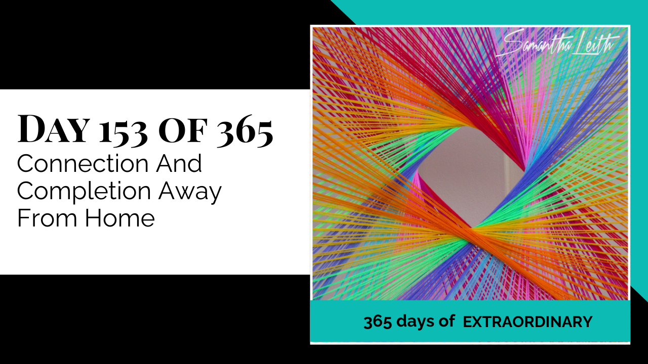 Vibrant, high-contrast abstract string art with rainbow colors radiating from a central square, serving as a metaphor for making connections and achieving personal or professional completion while away from one's normal environment.