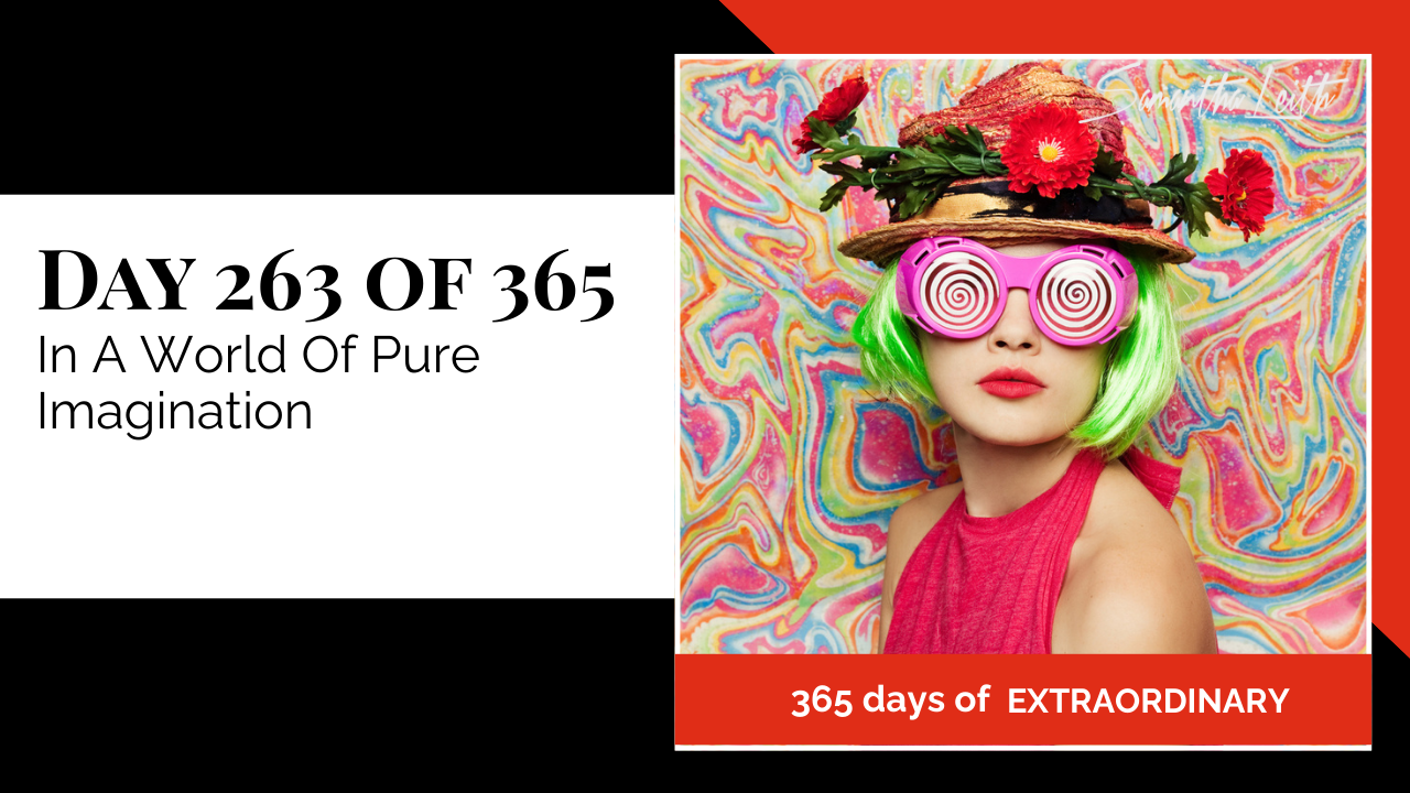 "Day 263 of 365: In A World Of Pure Imagination thumbnail for Samantha Leith's '365 Days of Extraordinary' series. Woman in colorful wig and swirl glasses against a psychedelic background."