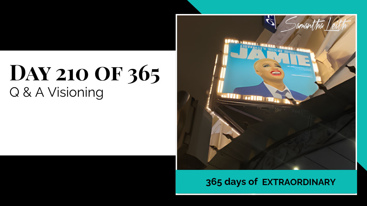 A dramatic, nighttime photograph of a lit-up London West End or Broadway musical billboard for "Jamie," used to represent inspiration, creative visioning, setting future goals, and planning for entrepreneurial success.