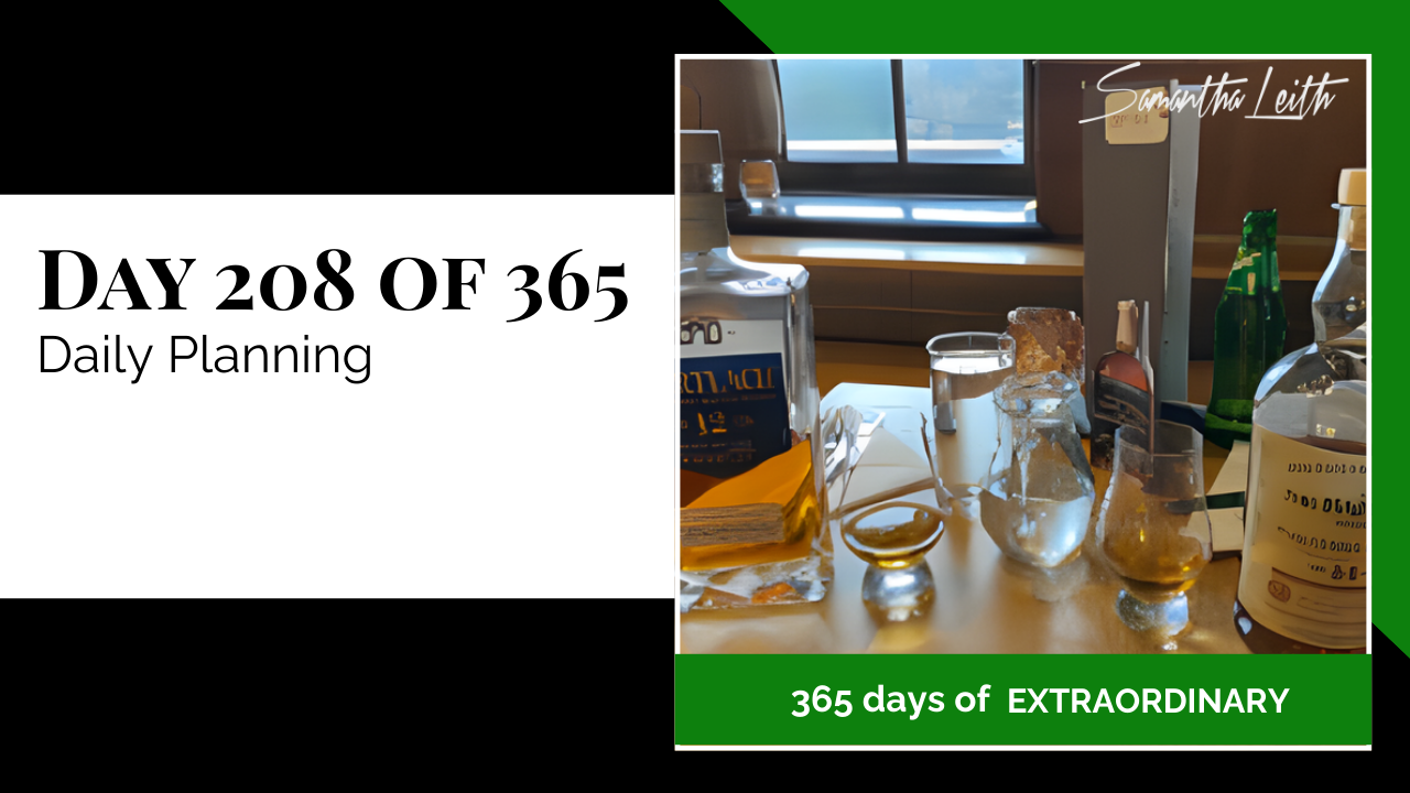 A still-life photo of whiskey bottles, water carafes, and glasses on a table near a sunny window, used as a visual metaphor to represent the clear, structured, and focused approach needed for daily planning, time management, and setting strategic goals.