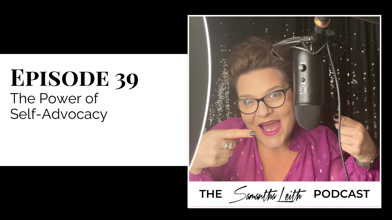 A podcast graphic featuring Samantha Leith with glasses, smiling and pointing to a large podcast microphone while wearing a pink patterned top in a home studio.