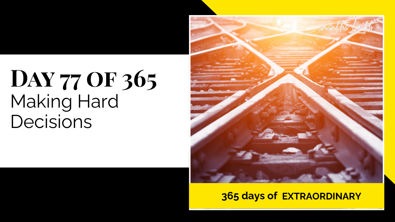 Blog thumbnail for 'Day 77 of 365: Making Hard Decisions.' The image shows railroad tracks converging and splitting at a switch point under bright sunlight, symbolizing crossroads, choices, future direction, and the difficulty of making big life decisions.