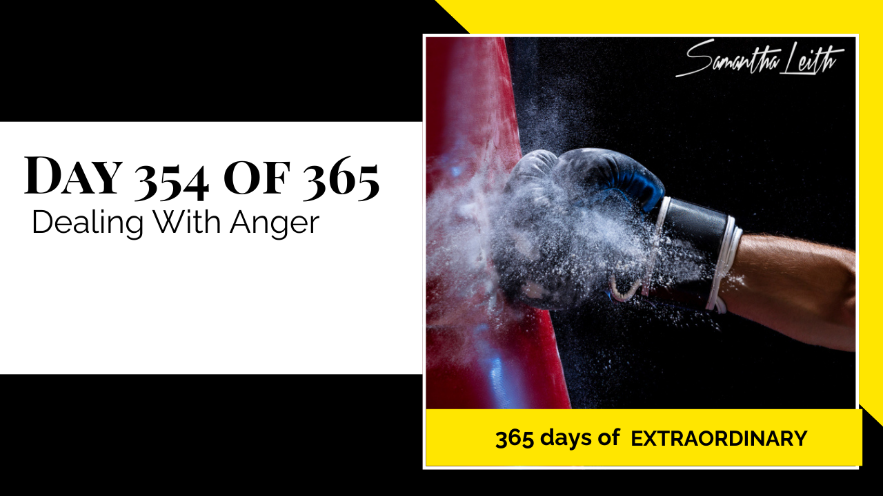 Day 354: Samantha Leith 365 Days of Extraordinary, Day 354: Dealing With Anger. Image shows a boxing glove striking a red punching bag, creating a cloud of white dust or chalk against a black background.