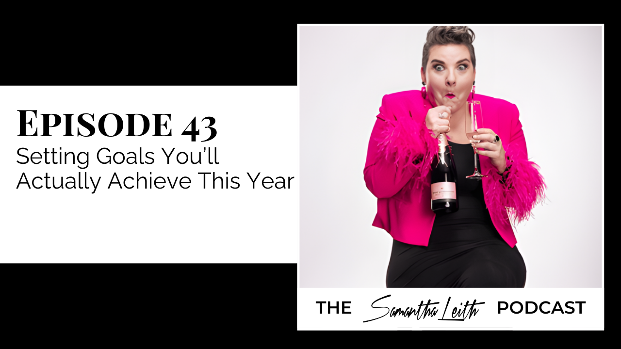 A podcast graphic featuring Samantha Leith in a vibrant pink feathered jacket, making a surprised face while holding a bottle of champagne and a champagne flute.