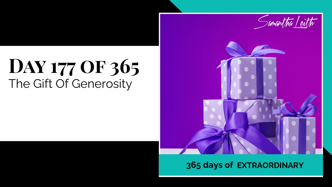 Vibrant, high-contrast photograph of multiple gift boxes wrapped in polka-dot paper and purple ribbon, used to illustrate a blog post about the importance of generosity, the value of giving, and acts of kindness.