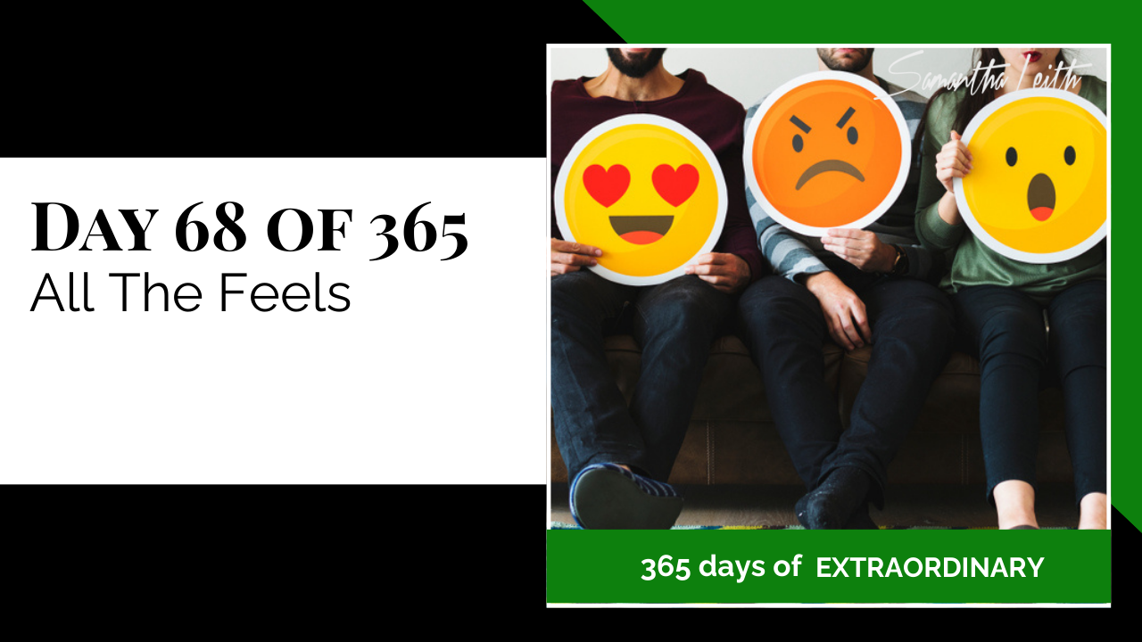 Thumbnail graphic for the topic, 'All The Feels.' The image shows three people sitting side-by-side, holding up large circular signs of different emojis (heart eyes, angry face, and surprised face), symbolizing a wide range of emotions and emotional intelligence.