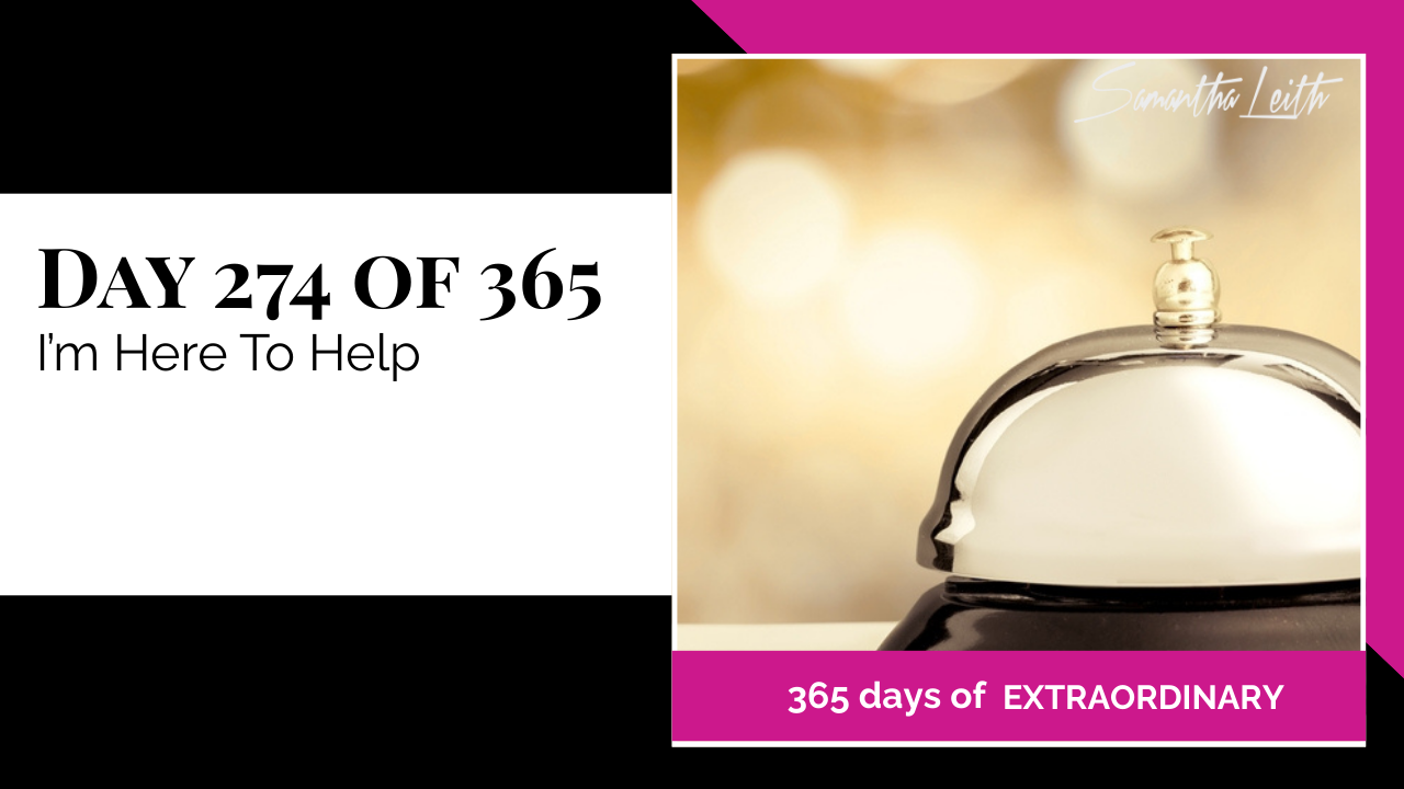 "Day 274 of 365: I'm Here To Help thumbnail for Samantha Leith's '365 Days of Extraordinary' series, featuring a silver hotel service bell against a blurred golden background."