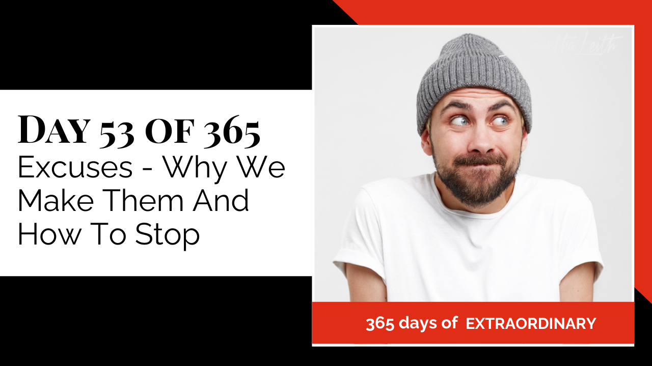 Thumbnail graphic for the topic, 'Excuses: Why We Make Them and How to Stop.' Features a bearded man in a white t-shirt and grey beanie looking away with a guilty, shifty, or confused expression, visually representing the idea of making excuses.