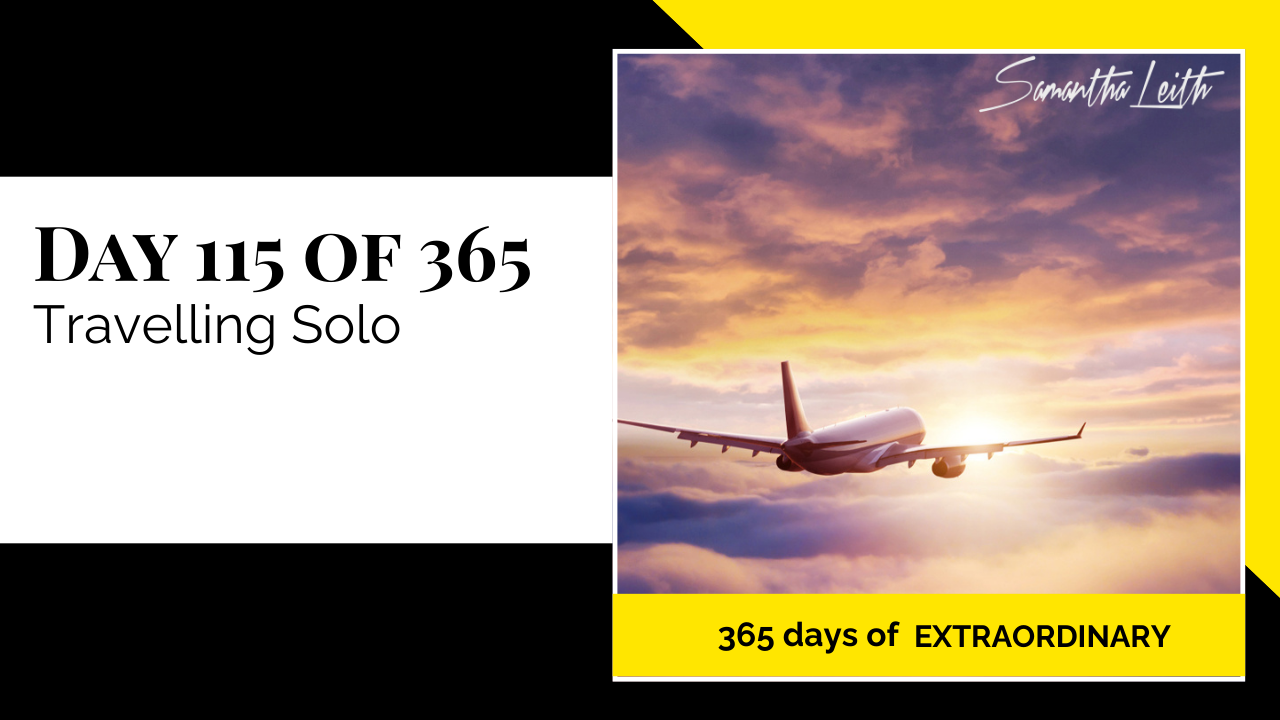 Blog image for Day 115 of Sam Leith's '365 Days of Extraordinary' series, featuring the rear view of an airplane taking off into a dramatic sky with golden sunset clouds, symbolizing solo travel, independence, and new journeys.